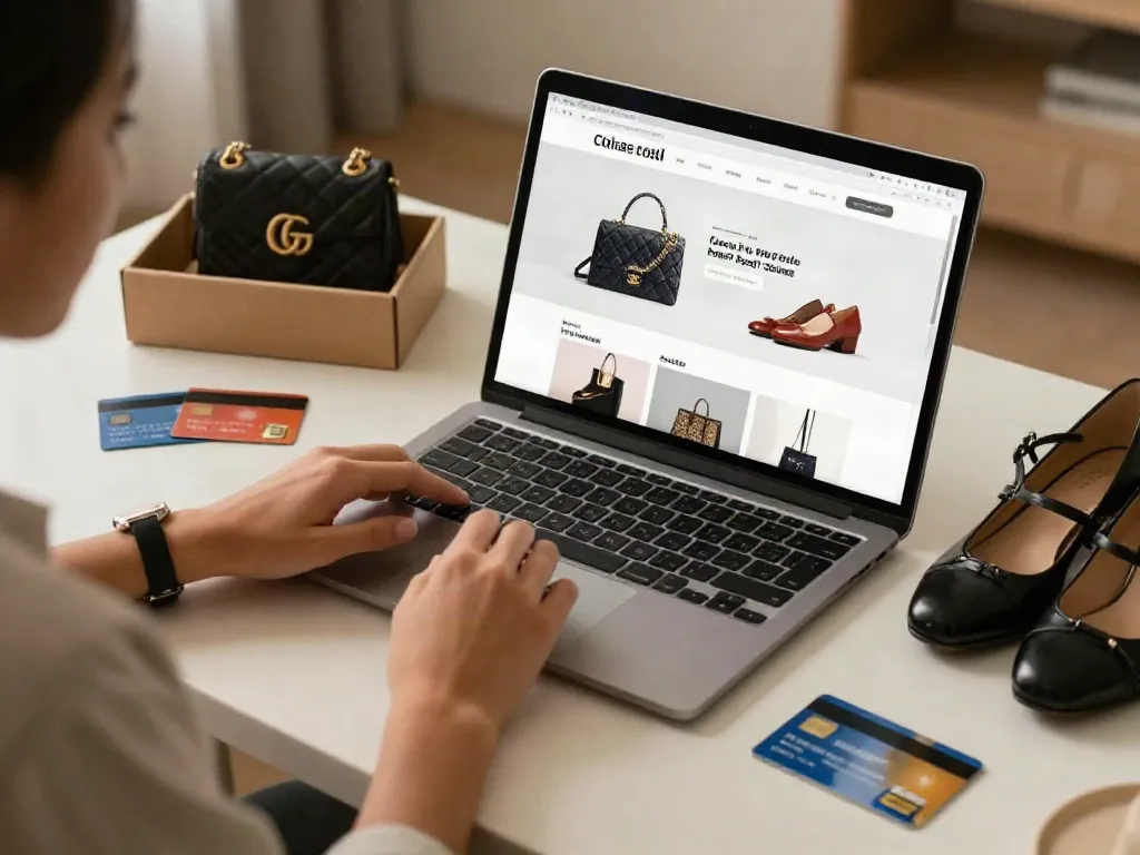 Online shopping for Prime reps, featuring beautiful designer replica bags and shoes in a cozy home setting.