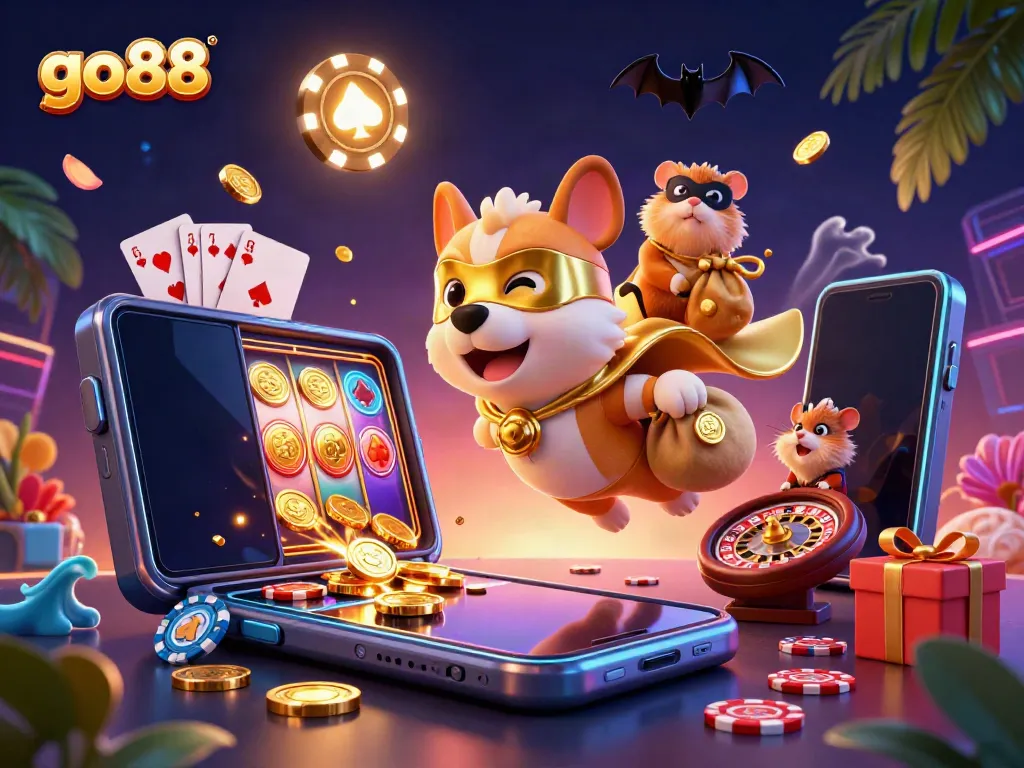Go88 exciting casino scene featuring a superhero dog and hamster flying with casino elements