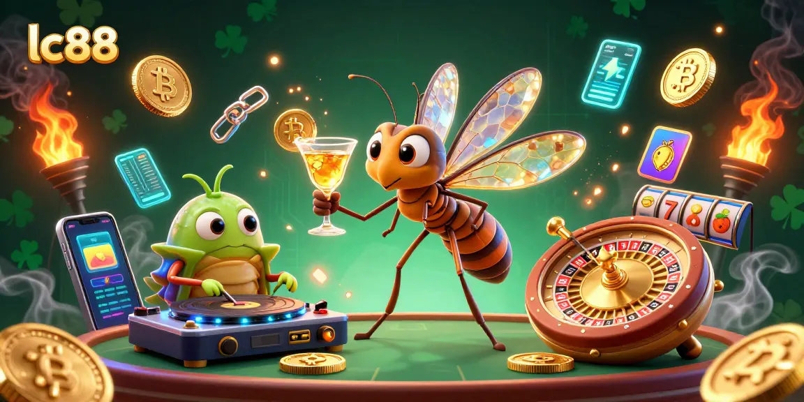 Experience excitement at lc88 with a vibrant 3D casino scene featuring a mosquito mascot and dynamic gambling elements.
