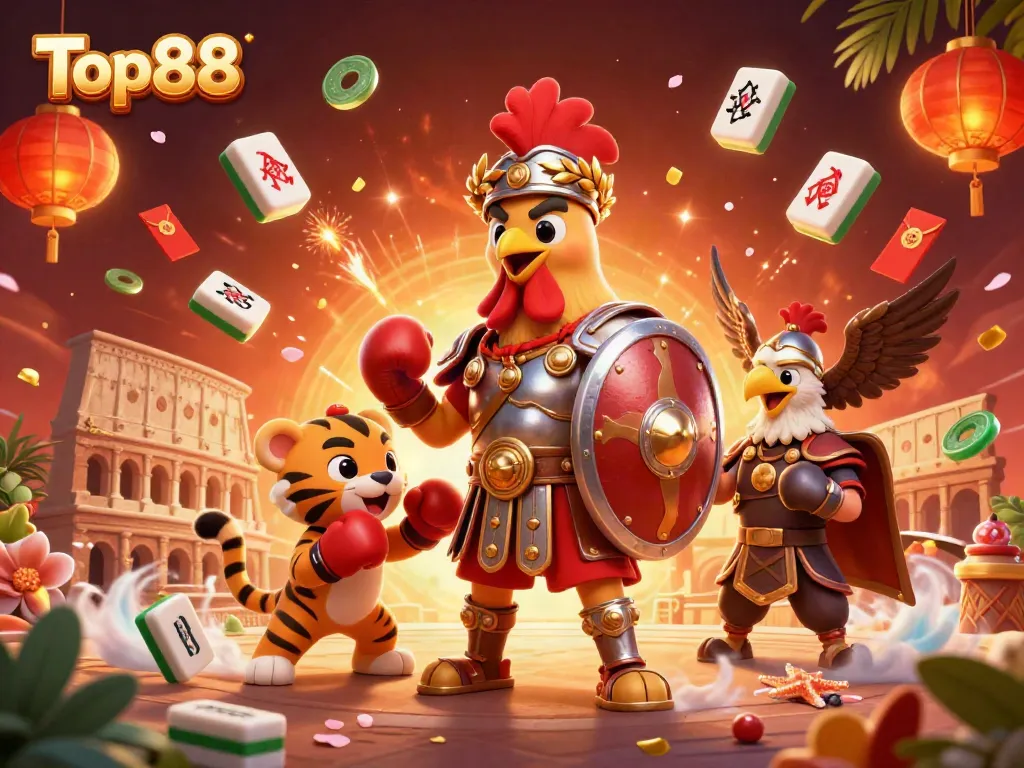 Experience Top88's vibrant casino world with a gladiator rooster and sparring partner in a dynamic scene.