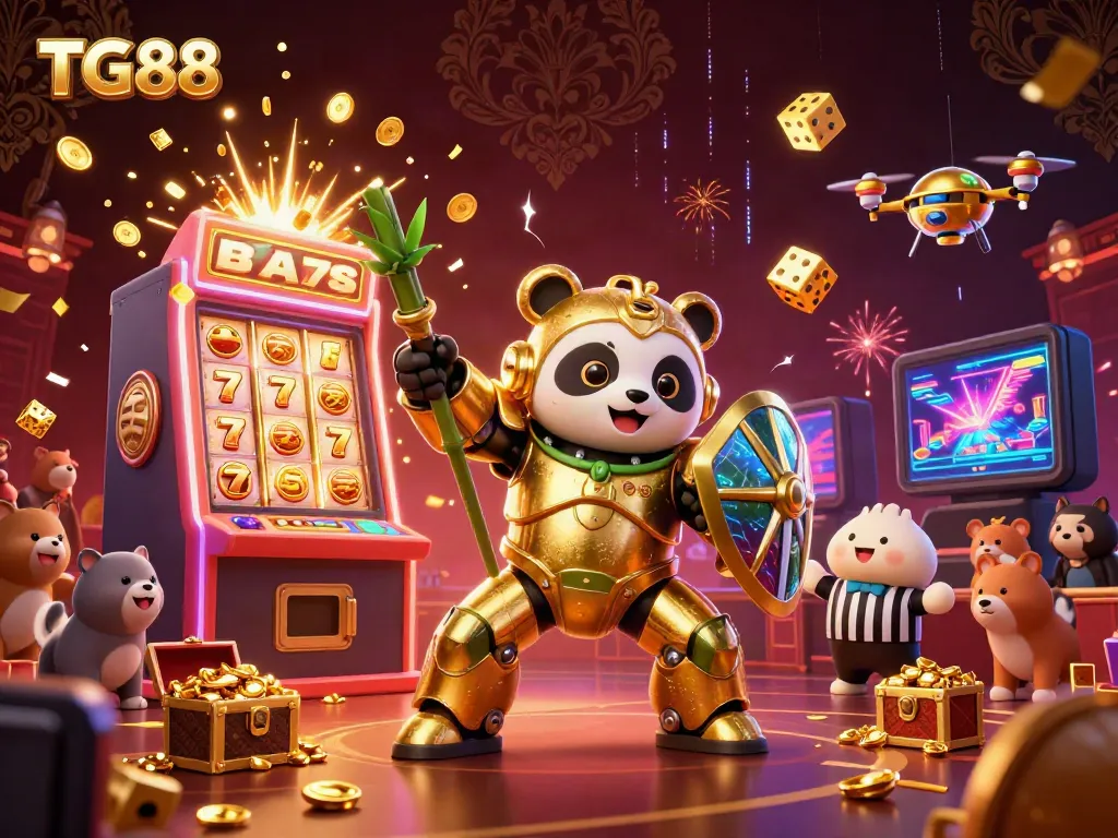 Experience thrilling gameplay at TG88 with a golden panda in a mech-suit battling in a dynamic casino arena.