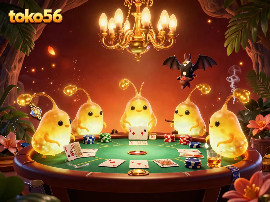 Experience the excitement of winning at toko56 with glowing 3D cartoon characters in a vibrant cave casino.