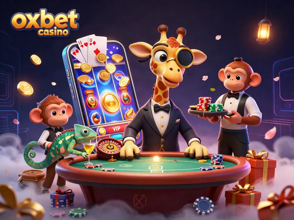 Experience excitement with oxbet casino as a giraffe high-roller and friends play lively games around.