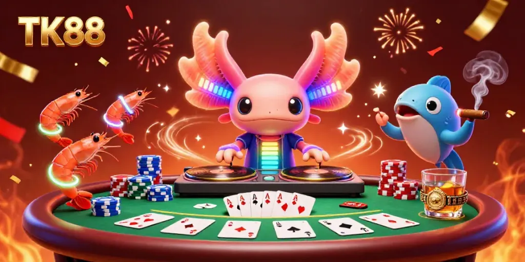 Experience the vibrant action at TK88 with a neon axolotl DJ, shrimp dancers, and exciting poker elements.