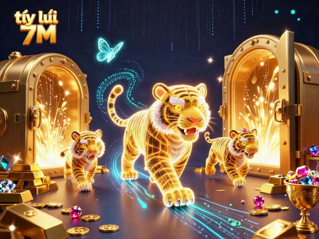 Watch the golden tiger represent tỷ lệ 7M in a vibrant digital casino scene filled with treasures.