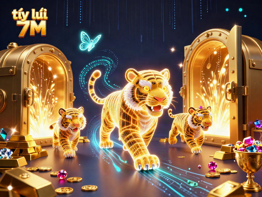 Watch the golden tiger represent tỷ lệ 7M in a vibrant digital casino scene filled with treasures.