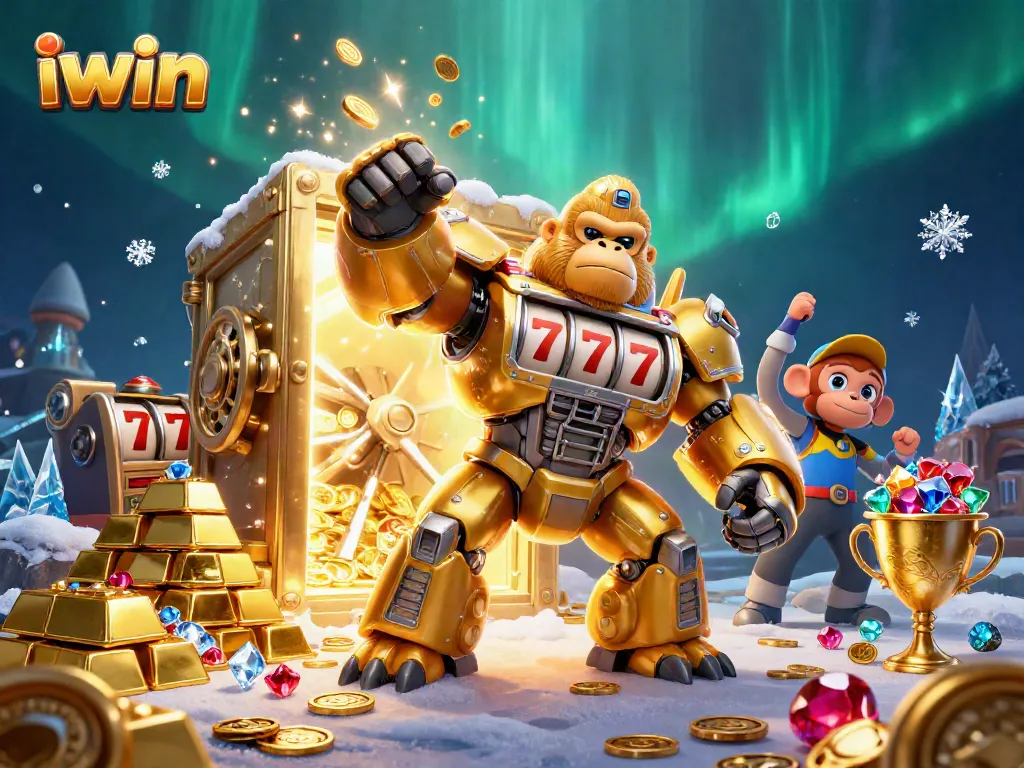 Engage with iwin's dynamic golden gorilla mech and slot machine elements in a vibrant casino scene.