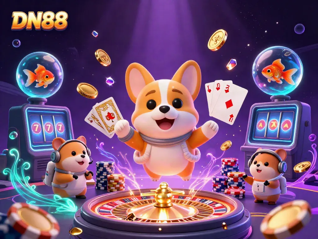 Witness DN88's dynamic casino adventure with a floating astronaut corgi and dazzling game elements.