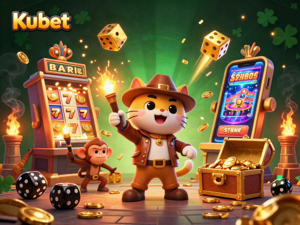Kubet cat archaeologist discovers golden casino treasures amid vibrant slot reels and jackpots.