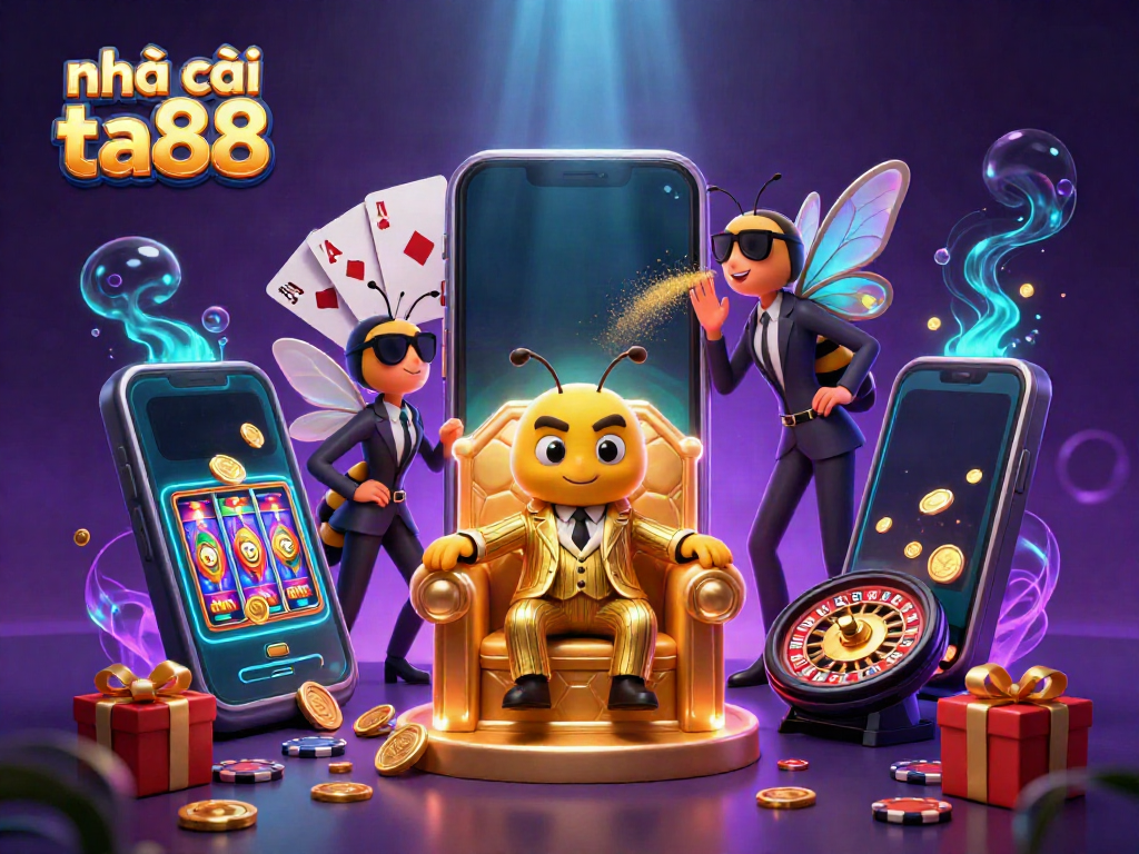 Experience the thrill at Nhà cái ta88 with 3D cartoon characters surrounded by vibrant casino elements.
