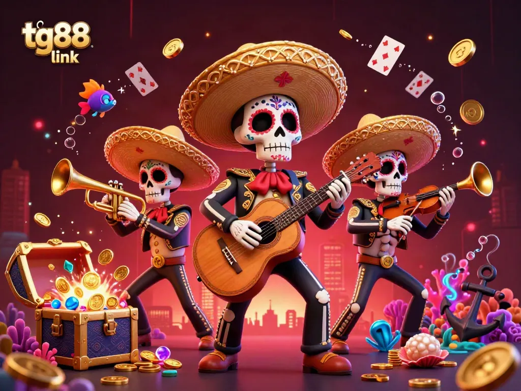 Engage with the tg88 link game scene filled with excitement featuring colorful mariachi skeletons amidst dynamic gambling elements.