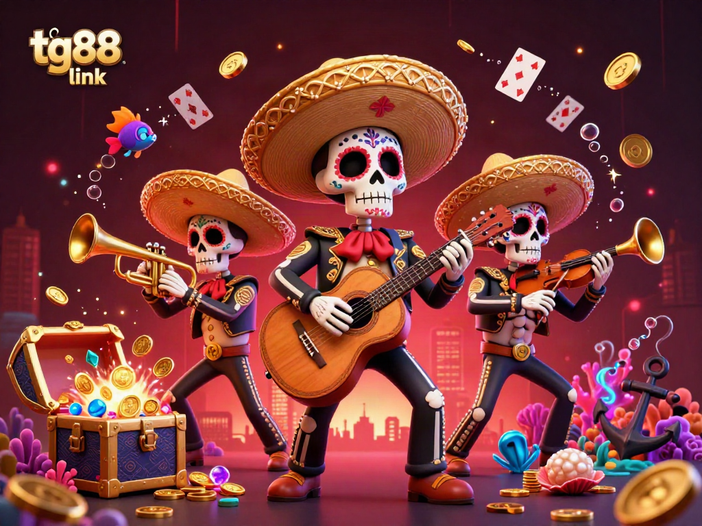 Engage with the tg88 link game scene filled with excitement featuring colorful mariachi skeletons amidst dynamic gambling elements.