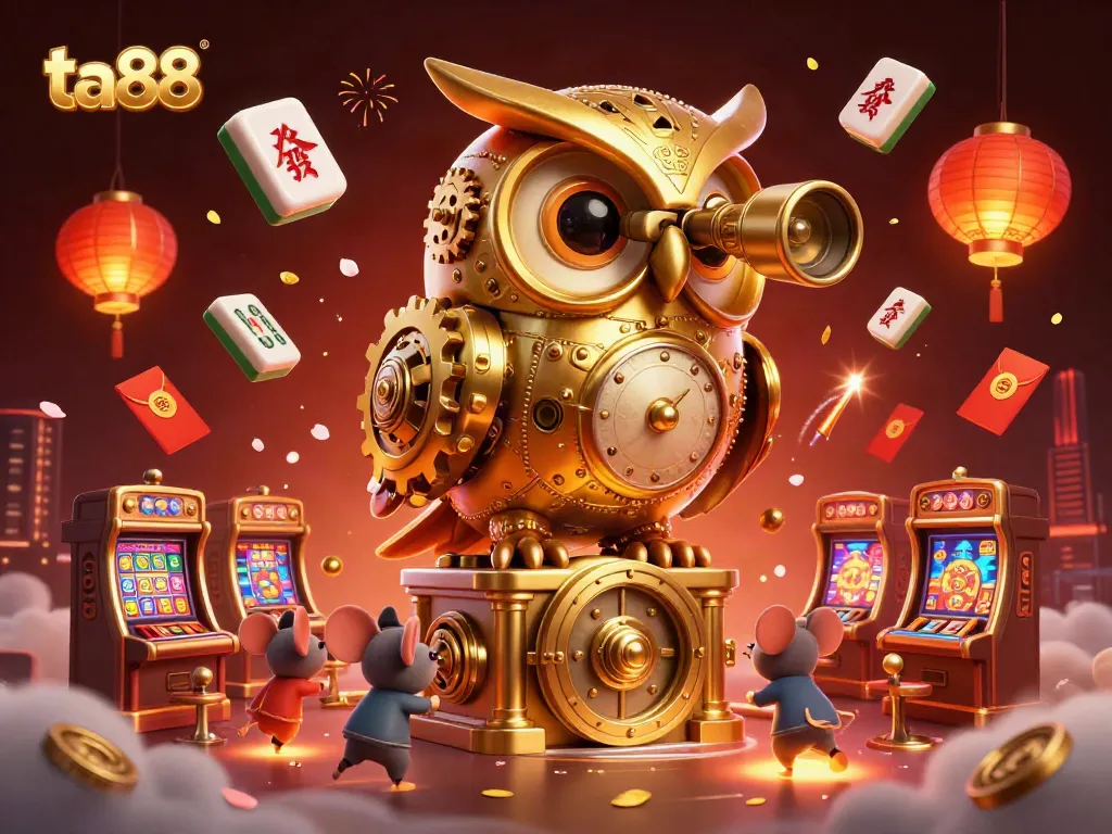 Engage with ta88's immersive casino experience, featuring a clockwork owl amidst vibrant gaming elements.