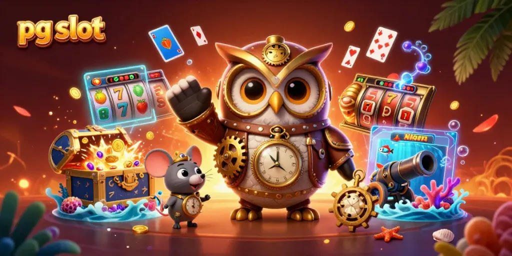Engage with the thrilling pg slot experience through vibrant 3D casino art featuring iconic elements.