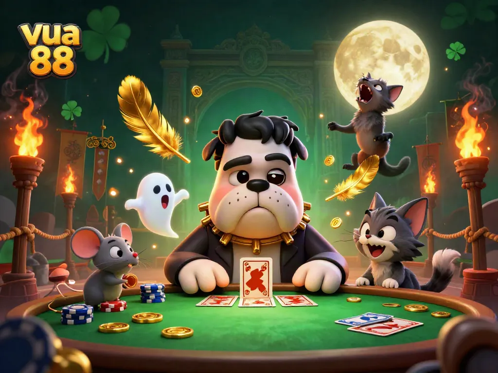Engage with exciting games at vua 88 through a vibrant 3D casino scene featuring lively characters.