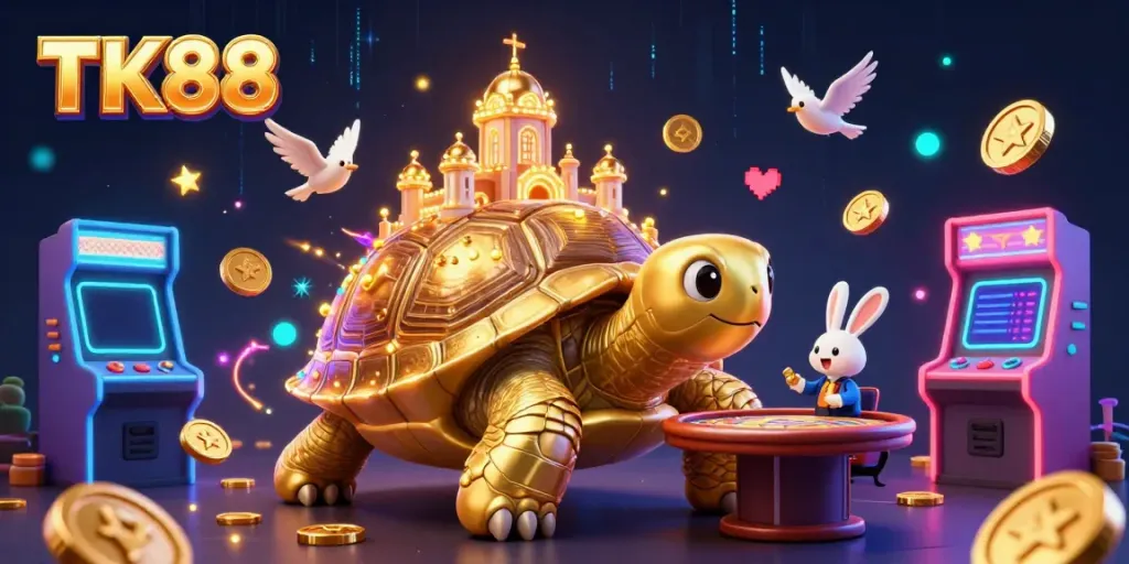 Experience the exciting gaming world of TK88 with vibrant characters and casino elements.