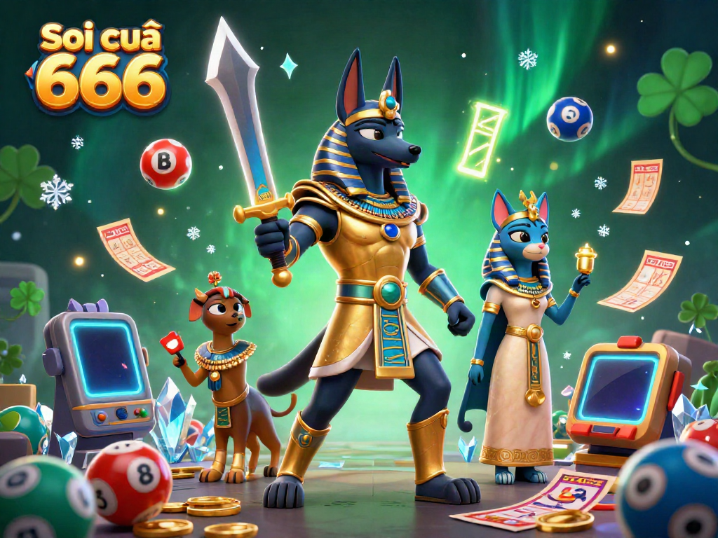 Soi cầu 666 showcases an energetic scene with Anubis and Bastet amidst colorful lottery elements.