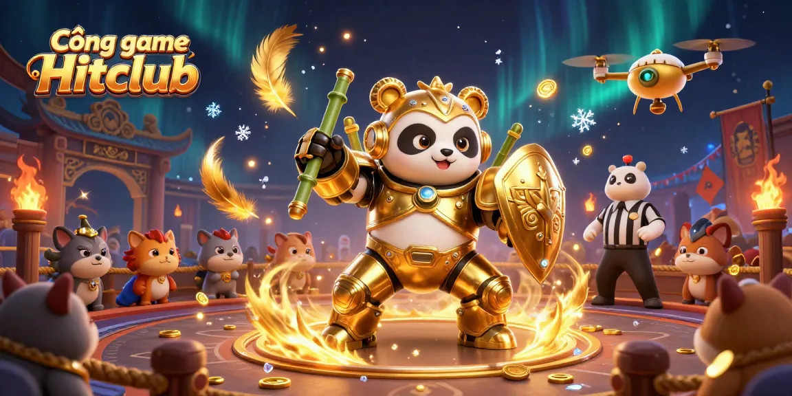 Engage with Cổng game Hitclub as a vibrant 3D illustration of a golden panda in a dynamic gambling arena.