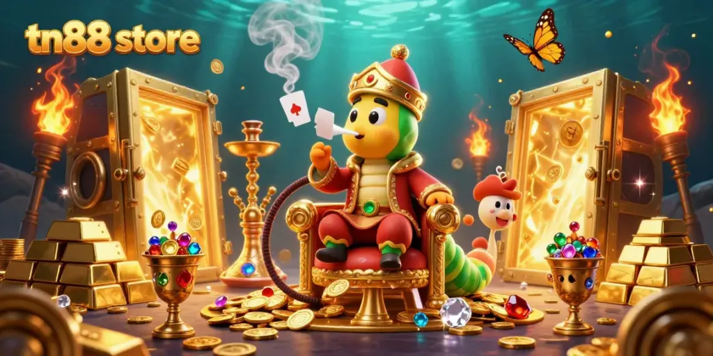 Join the action at tn88 store with a vibrant casino scene featuring playful glowing symbols and treasures.