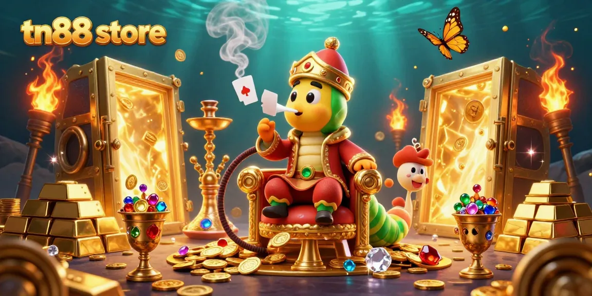 Join the action at tn88 store with a vibrant casino scene featuring playful glowing symbols and treasures.