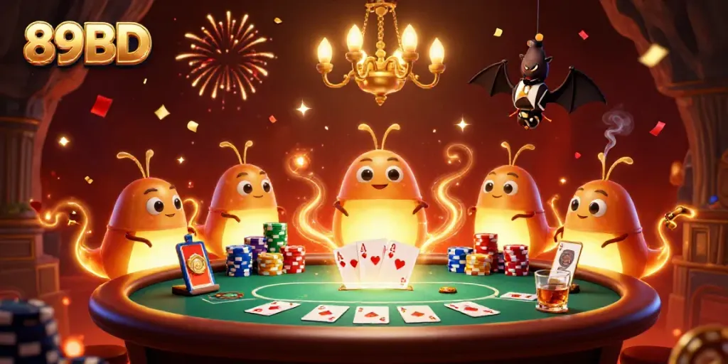 Engage in a vibrant poker scene with 89BD glowworms lighting up a cave casino
