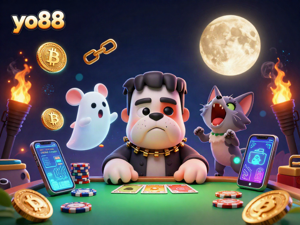 Engage in thrilling gaming with yo88's dynamic casino scene featuring a bulldog dealer and crypto elements.
