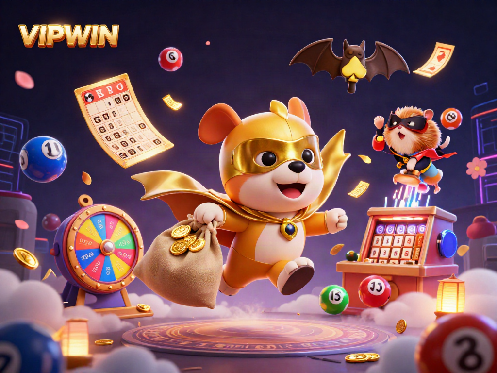 Experience fun gaming adventures with VIPWIN as a superhero dog and hamster explore vibrant casino elements.