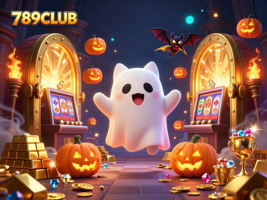 Engage with 789CLUB in a captivating haunted casino scene featuring a ghost cat and treasures.