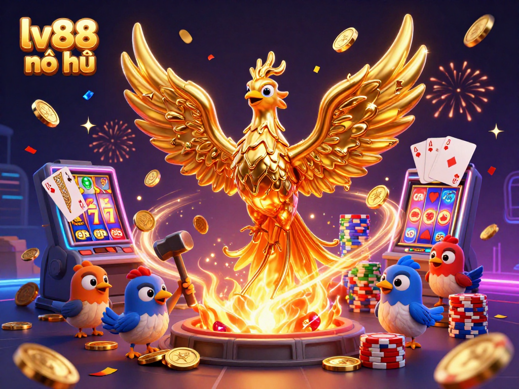 Experience the thrill of winning with lv88 nổ hũ: a vibrant 3D illustration of a golden phoenix amidst cascading coins.