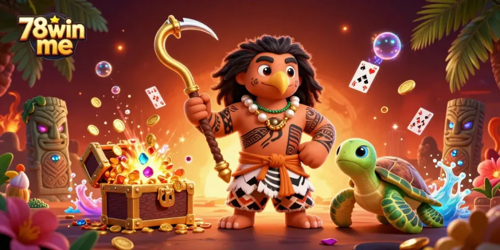 Experience the thrills of 78win me with Polynesian-themed casino adventure, featuring treasure and vibrant imagery.