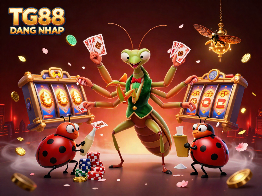 Experience the excitement of TG88 DANG NHAP with a lively casino scene featuring a giant mantis and a ladybug boss.