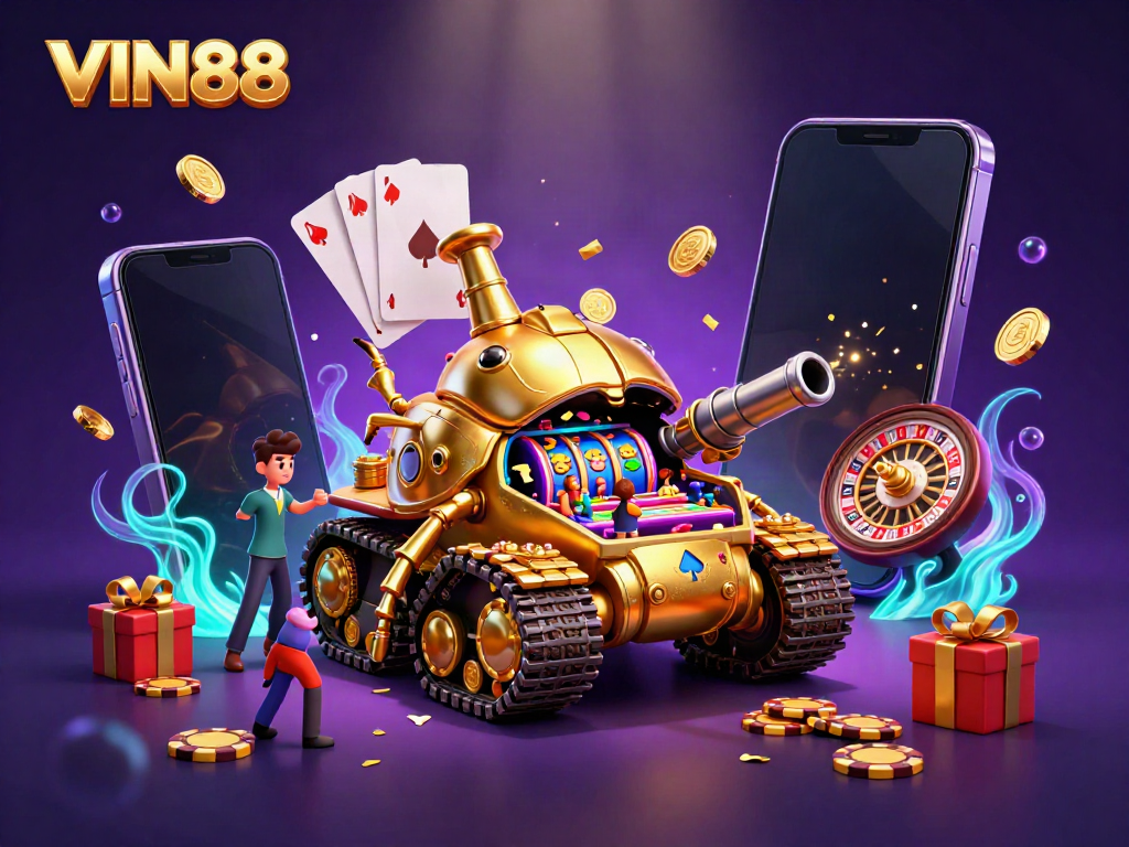 Experience thrilling gameplay with VIN88’s vibrant 3D casino environment featuring golden beetle tank and interactive gaming elements.