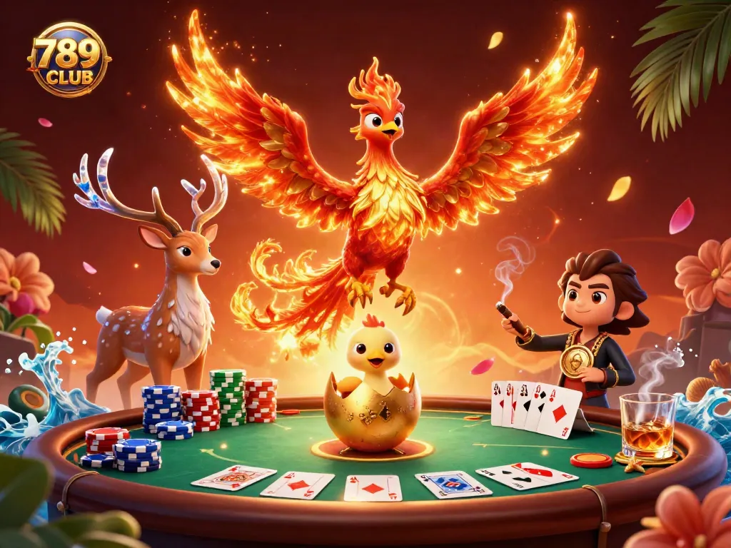 Engage in thrilling gameplay with 789CLUB as a fire phoenix and mystical stag enhance the casino adventure!