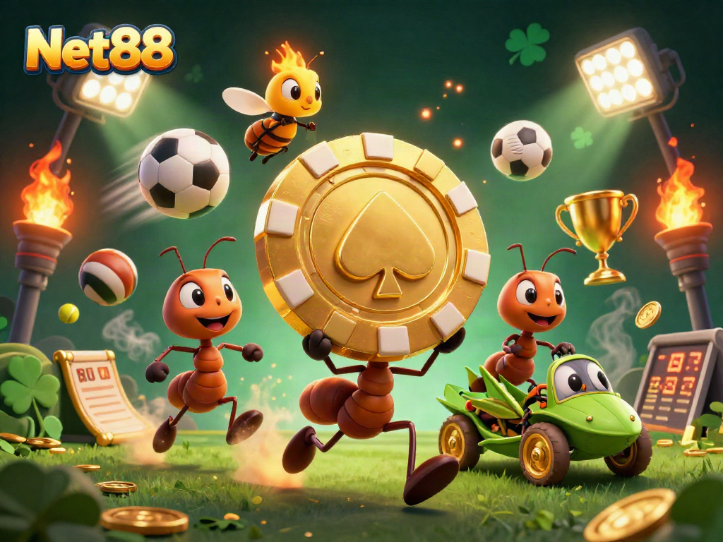 Net88 showcases 3D cartoon ants heisting a giant poker chip amid vibrant gaming elements.