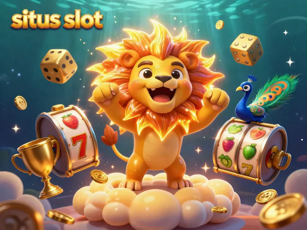 Experience the excitement of situs slot as a roaring lion and gaming elements burst into action in this vibrant illustration.