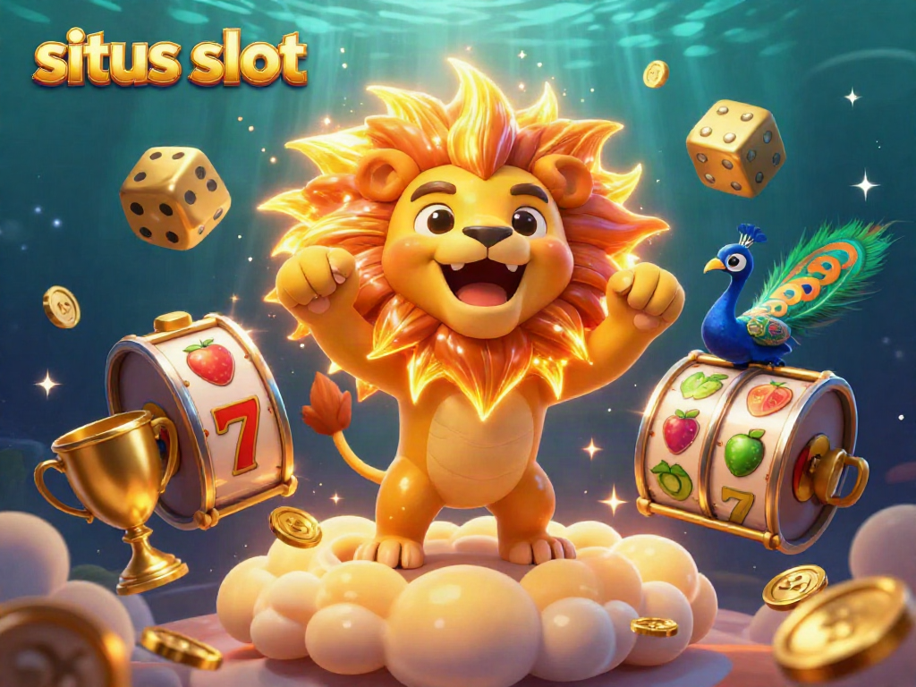 Experience the excitement of situs slot as a roaring lion and gaming elements burst into action in this vibrant illustration.