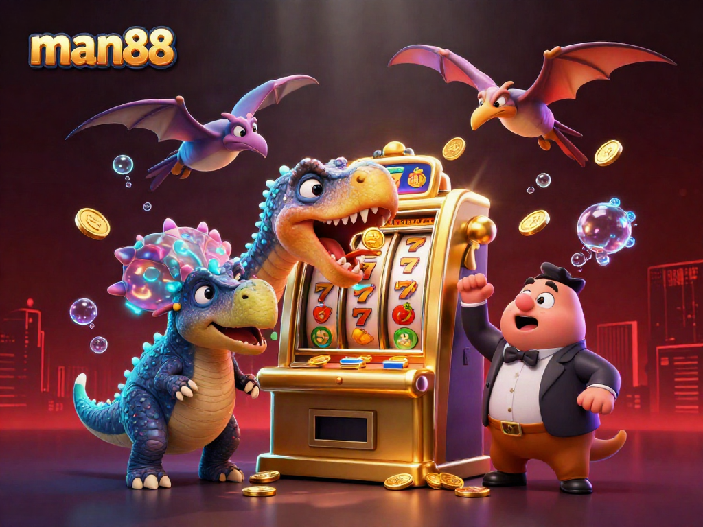 Experience the excitement at man88 with a pachycephalosaurus winning a jackpot while a casino manager and pteranodon celebrate.
