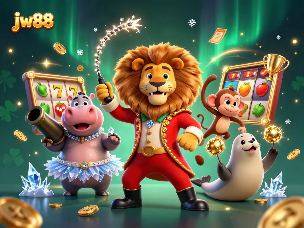Experience game excitement with jw88 in this vibrant, dynamic casino scene featuring fun characters and slot game elements.